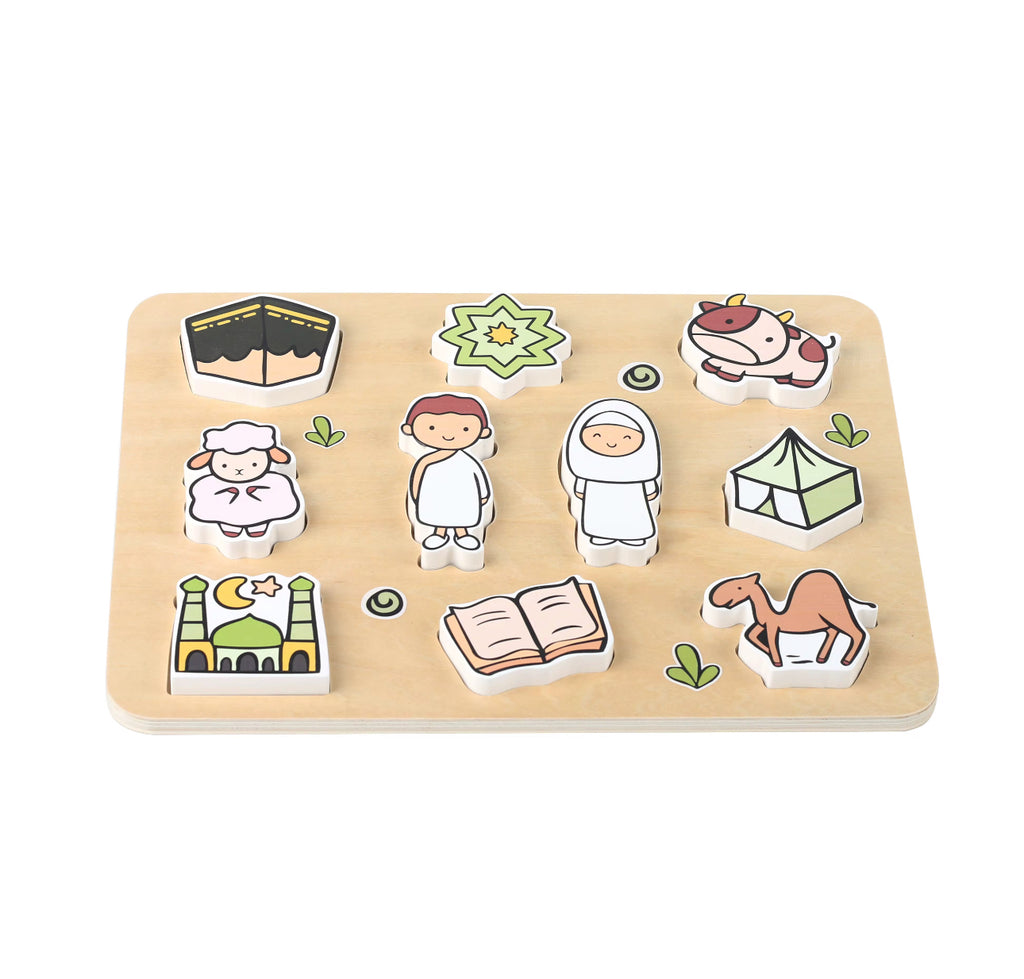 Islamic Puzzle Hajj - Islamisches Holzpuzzle für Kinder Hajj, Kaaba, Quran & mehr – Lernspielzeug